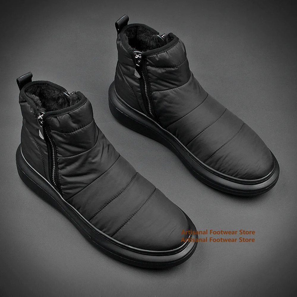 Men's Winter Snow Boots Lightweight Nylon Puffy Ankle Booties Side Zipper Thick Sole Shoes Trendy Autumn/winter Men's Boots
