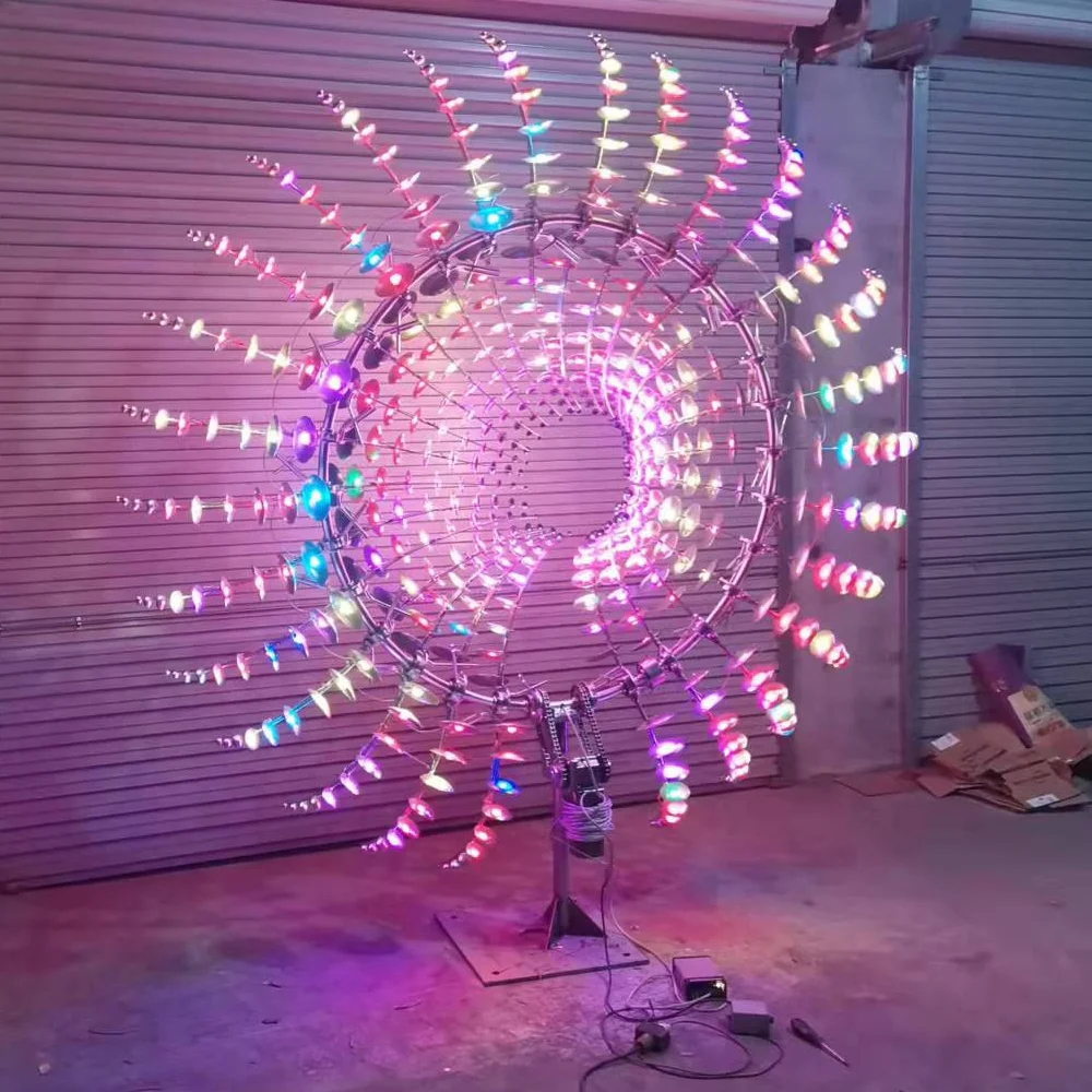 ff-Factory Price Mesmerizing Stainless Steel Metal Kinetic Dynamic Art Wind Spinner Sculpture with LED Lights！