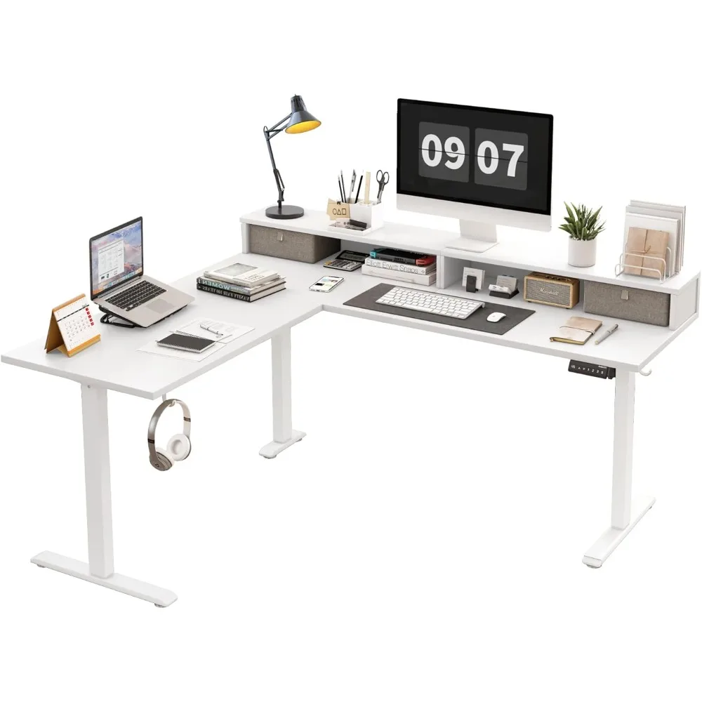 L shaped Electric Standing Desk with 2 Drawers, 63 Inch Ergonomic Adjustable Height Desk with Storage, Corner Desk