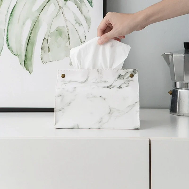 Chic Tissue Case Box Container PU Leather Marble Pattern Home Car Towel Napkin Papers Dispenser Holder   Table Decoration