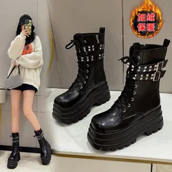 Chain Decoration Front Lace Military Boots Platform Thick Bottom Calf Ankle Boots Autumn And Winter New Shoes For Woman