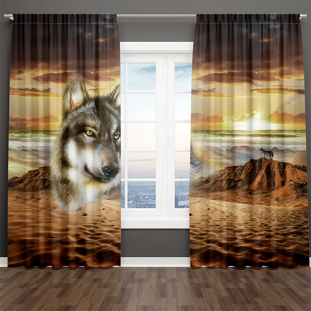 

3D Modern Luxury Print Wolf Landscape in the Desert Animal 2 Pieces Thin Shading Curtain Living Room Bedroom Home Decor Hook