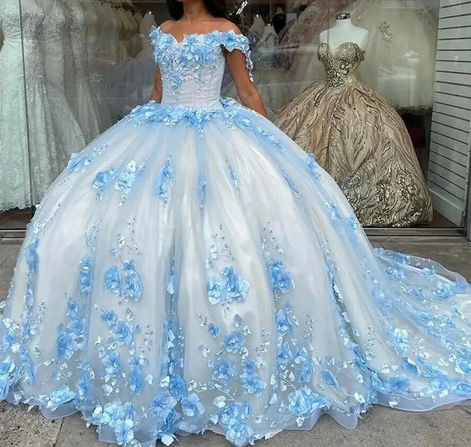 Sky Blue Princess Quinceanera Dresses Ball Gown Off The Shoulder Floral Pearls Sweet 16 Dresses 15 Años Custom