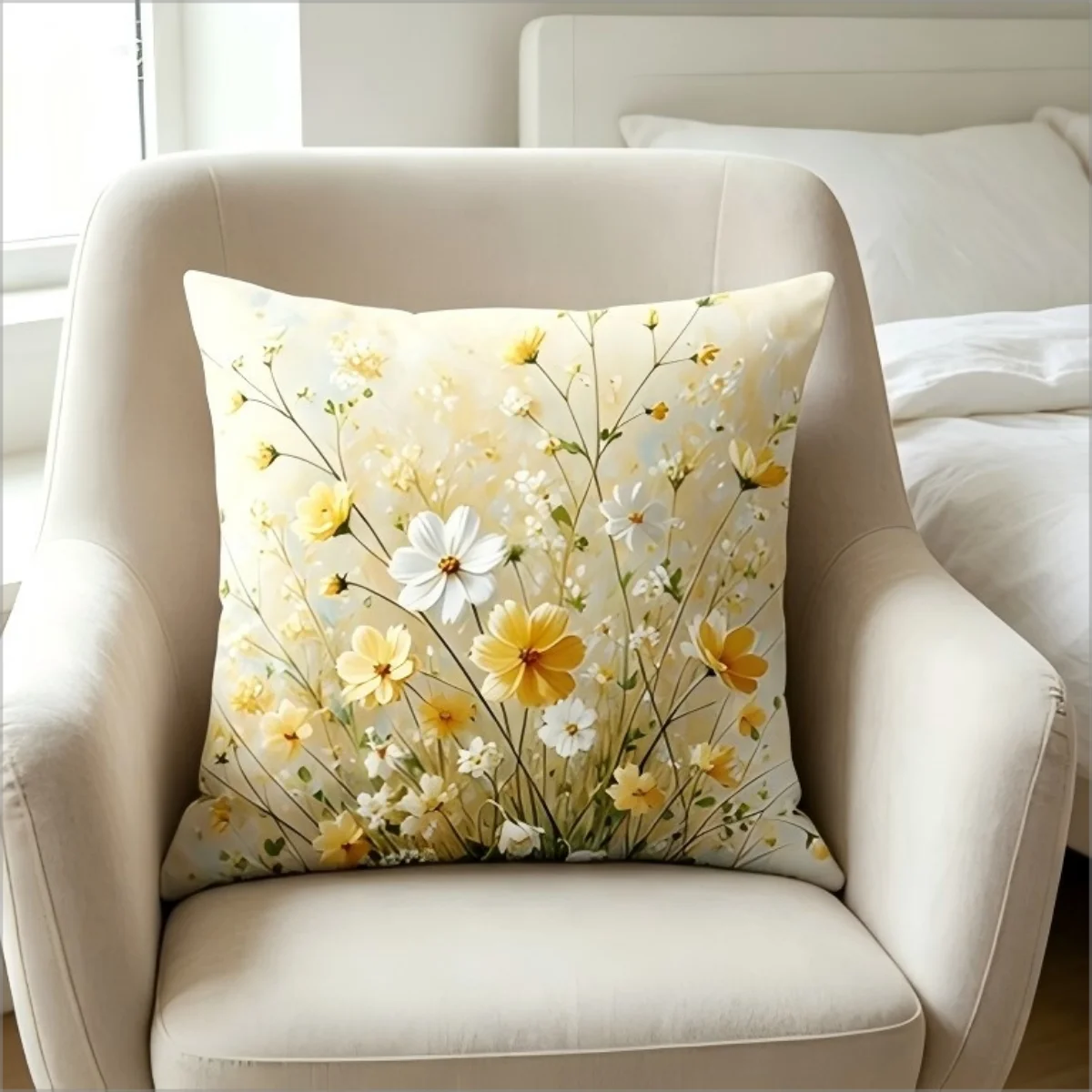 Watercolor Yellow Daisy Print Throw Pillow Cover, Soft Pastel Wildflower Botanical Decorative Cushion