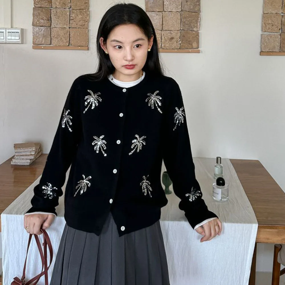 Autumn Women Clothing Sequined Sweater Button Knitted Cardigan Casual Loose Knitwear Fashion Elegant Tops Female Sweaters Coat