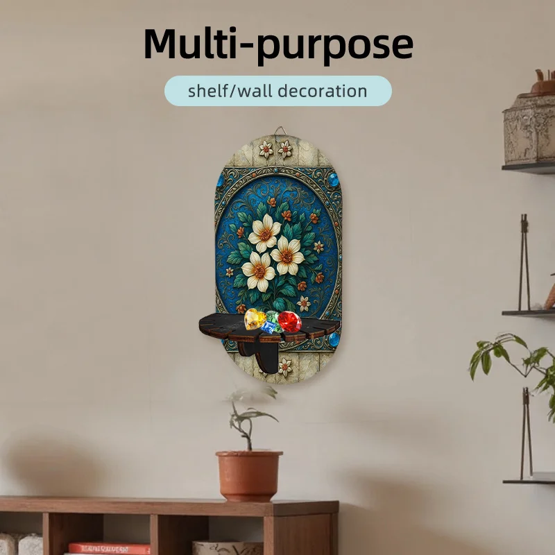 A Decorative Wall Shelf Featuring a 2D Printed Floral Relief Design, Made from Crystal Stone And Wood, Serving Multiple Storage