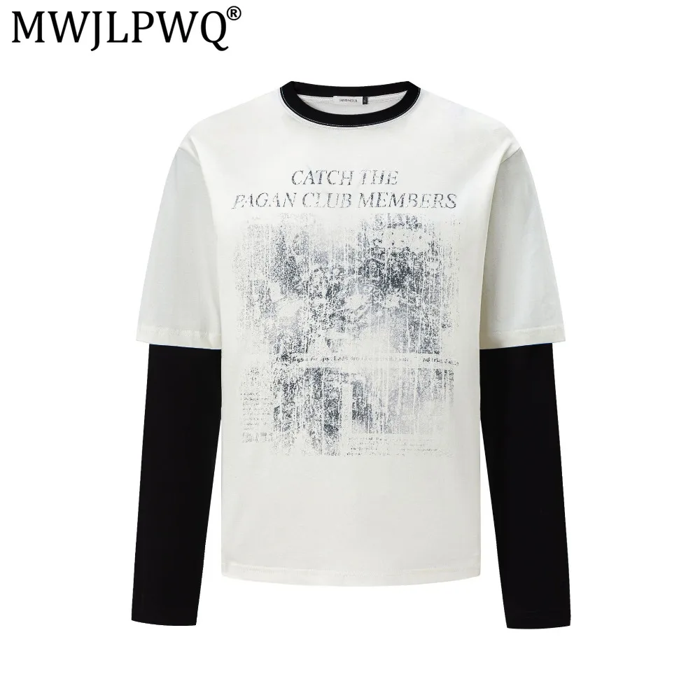 MWJLPWQ New American-Style Long-Sleeve T-Shirt Faux Two-Piece Cotton Tee Vintage Street Style Stylish Round Collar Tops 20491