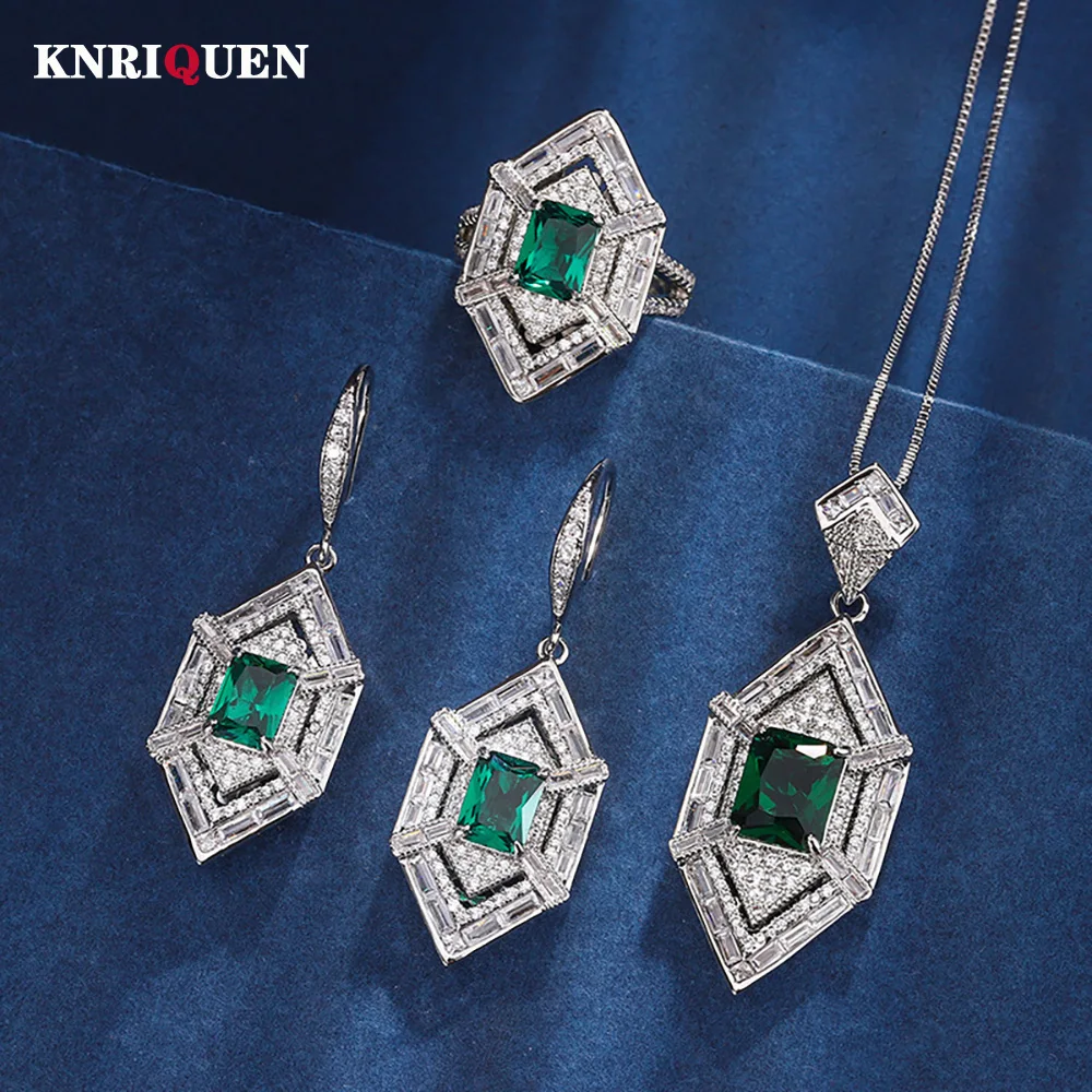 

Luxury Emerald Necklace Pendant Rings Drop Hook Earrings Lab Diamond Wedding Party Fine Jewelry Sets for Women Anniversary Gift