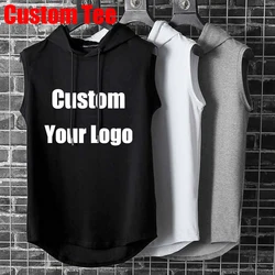 Custom Your Logo Summer Men's Sleeveless Vest Casual T-Shirt Hoodie Fitness Muscle Hooded Vest T-Shirt Polyester Breathable Tops