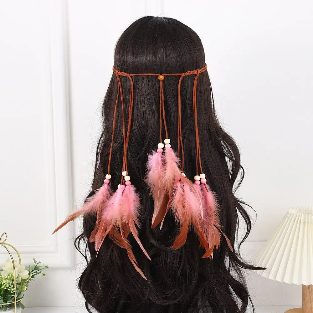 Cascading Tassels Bohemian Tassel Headband Braided Cord Hand-tied Plumage Long Feather Headpiece Intricate Beadwork