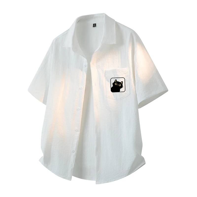 New product - Summer short-sleeved shirt with cat print, loose and simple short-sleeved collar coat, cool short shirt top