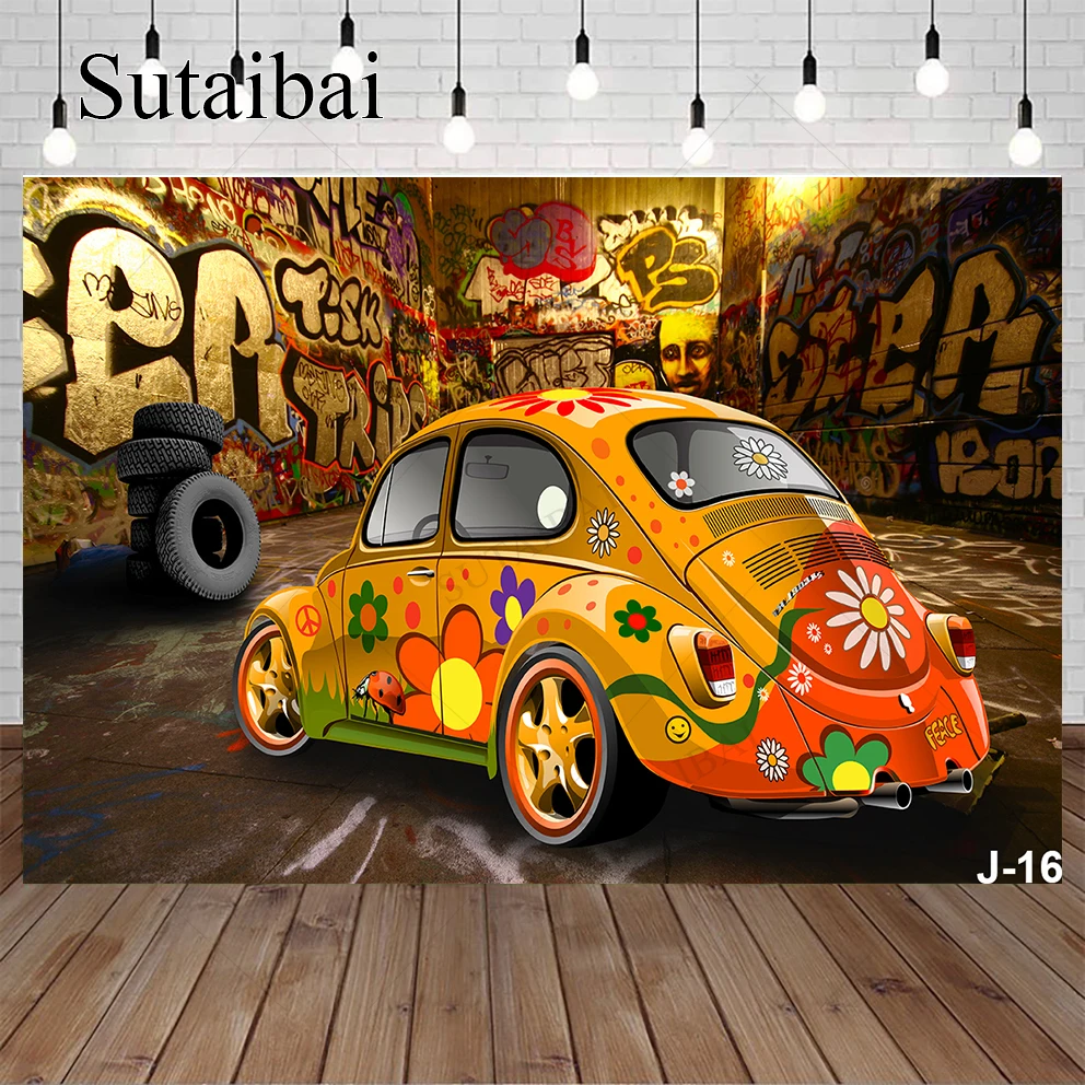 

Retro Street Road Happy Sweet Photocall Photography Background Tire Car Decorate Personalized Paint Kid Portrait Poster Backdrop