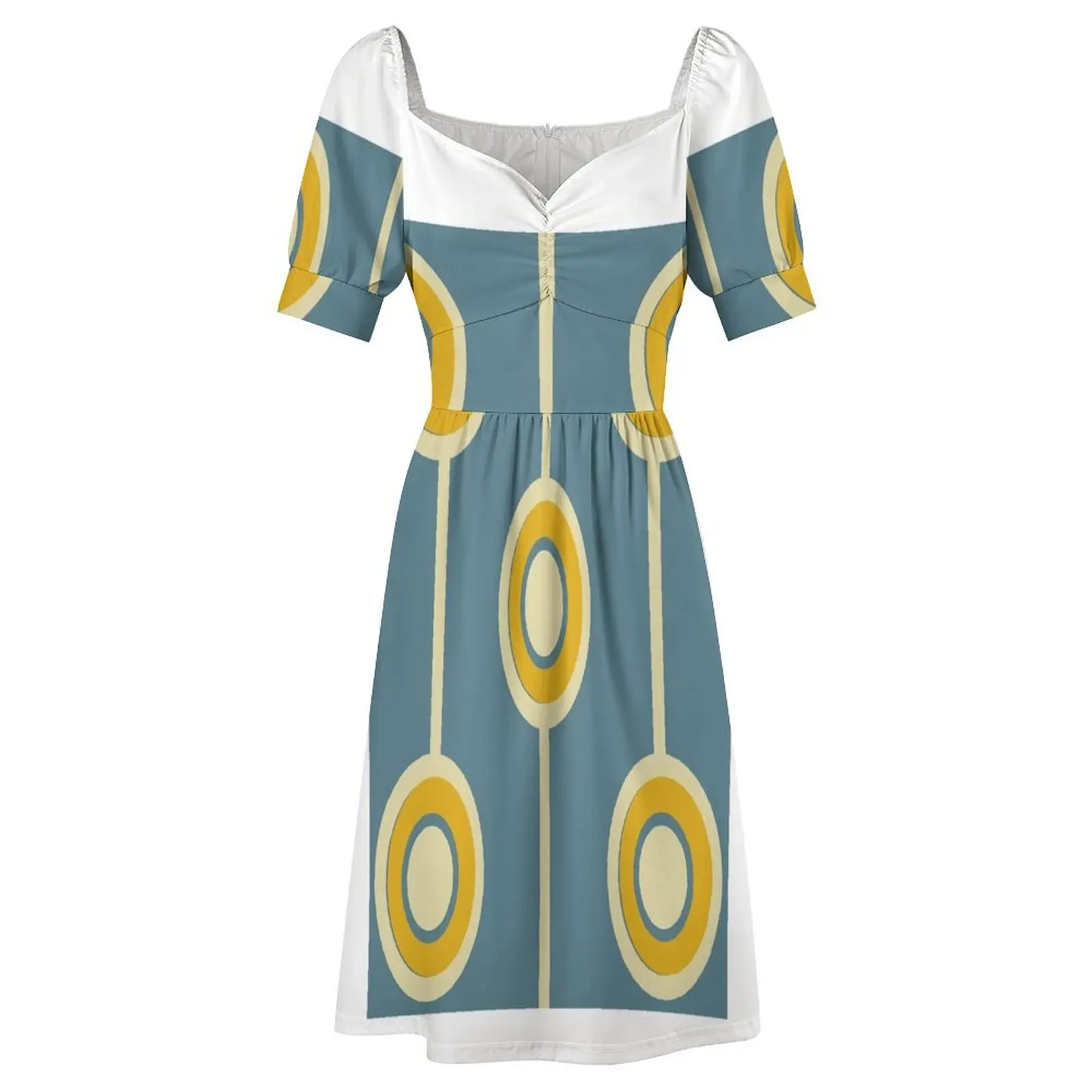 Robe de soirée à manches courtes pour femmes, Vintage, Rétro, Groovy, Hiphelicopter Circle, Classic, Jaune moutarde, Vert pâle, Robes transportées, Années 60 et 70