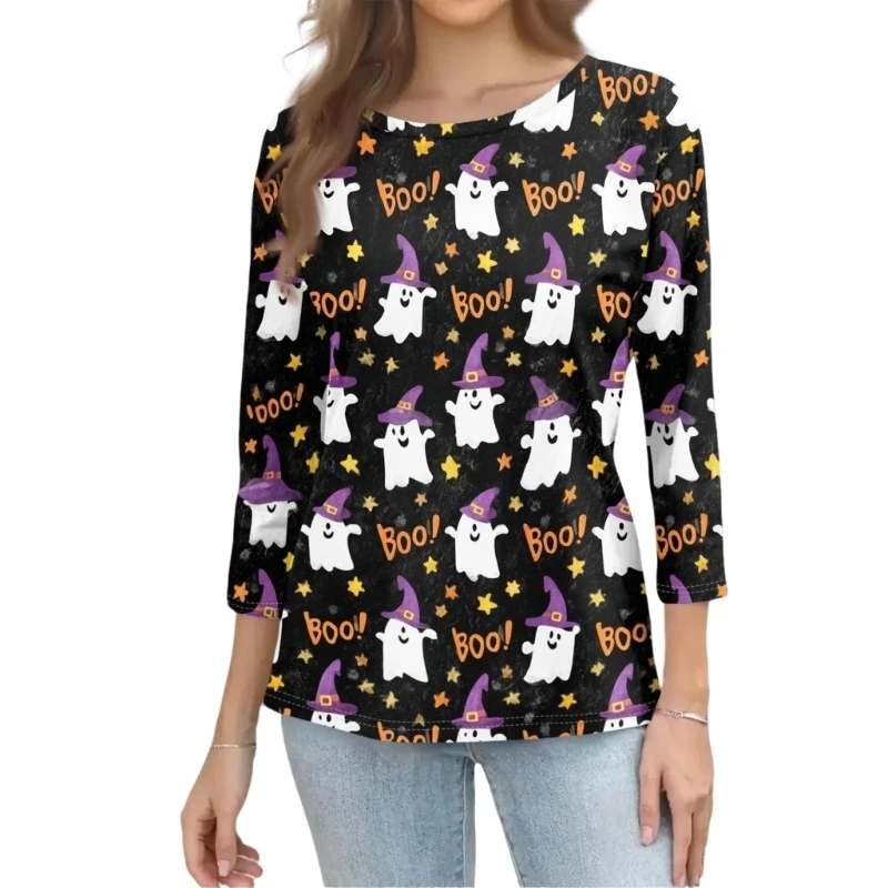 Halloween Shirts for Women Fall Halloween Funny Graphic 3/4 Sleeve Tops Crewneck Vintage Castle Horror Tees 6XDA