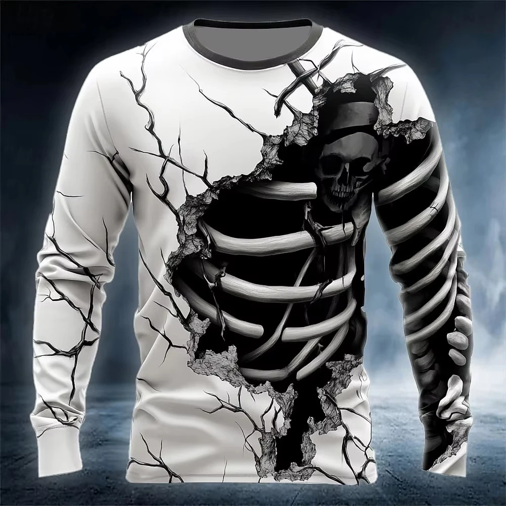 Men Halloween Crack Rip Skeleton Ribcage Skull Print Long Sleeve T Shirt Gothic Horror Casual Top Family Matching Outfits
