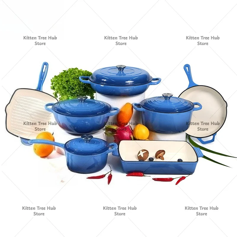 Cast Iron Enamel Pan Seven-piece Set 24cm Soup Pan Frying Pan Non-stick Cast Iron Cookware Set