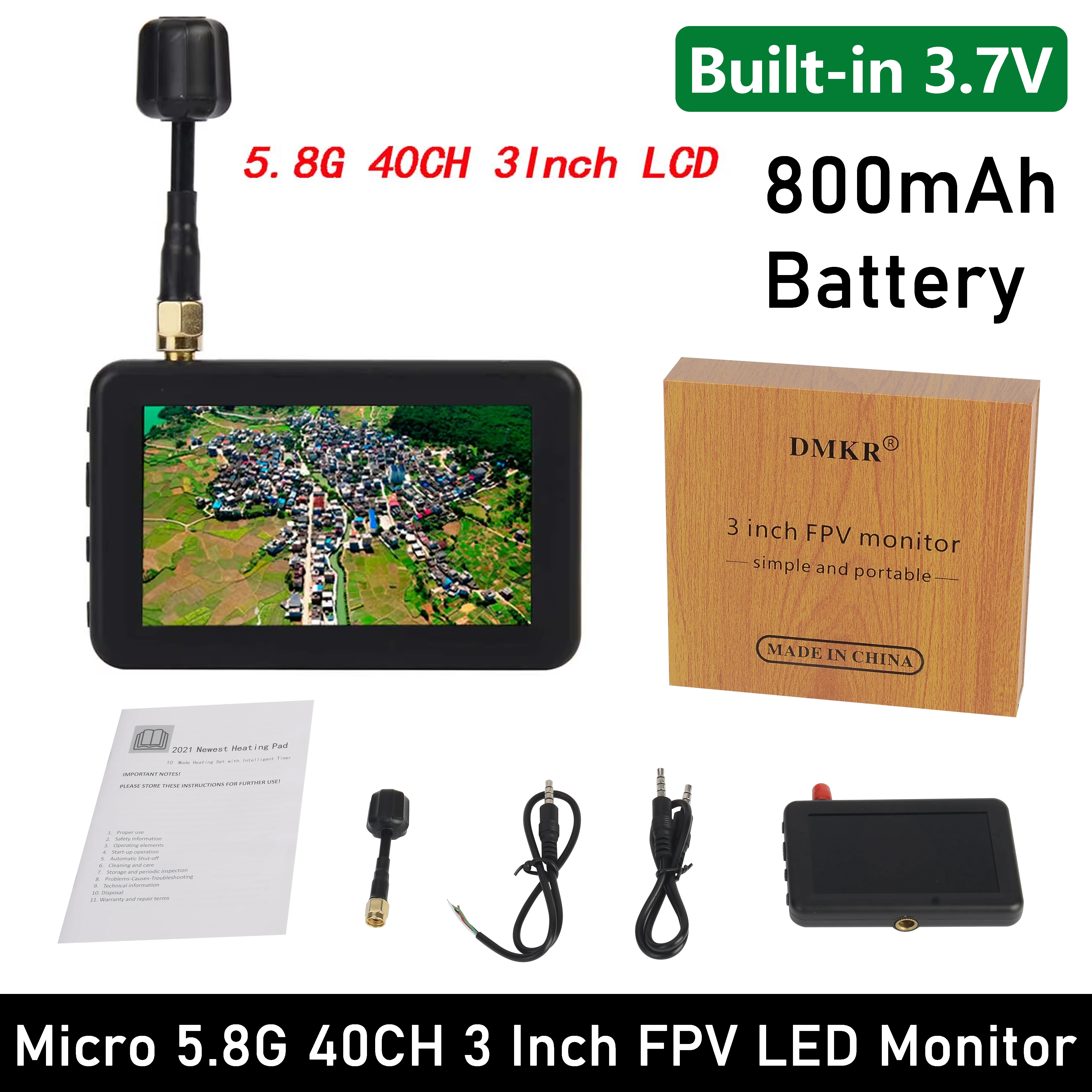 

DMKR Micro 5.8G 40CH 3 inch FPV LED Monitor 480x320 Mini Handheld Display 16:9 Build-in 3.7V 800mAh Battery For RC Car FPV Drone