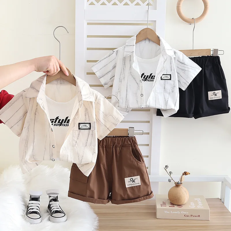 

2026 Summer Baby Boy 3PCS Casual Outfit Wood Grain Print Short Sleeve Shirt & Tee with Shorts Set for Kids Daily Play