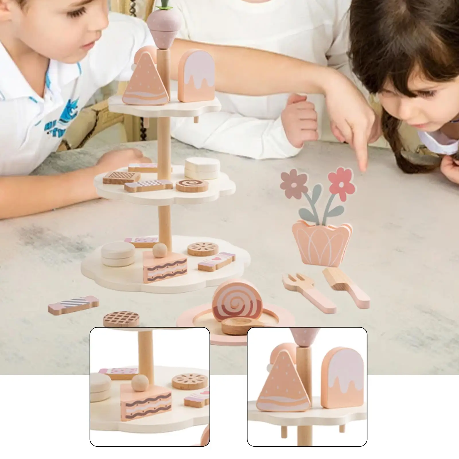 Teeparty-Set aus Holz mit Cupcake-Ständer und Essen-Set für Partys und Kinder