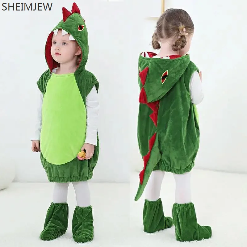 

Carnival Dinosaur Cartoon Clothes Green Dinosaur Costume Vest Hoodie For Children Boy Girl Tween & Teens 3-16t With Foot Covers