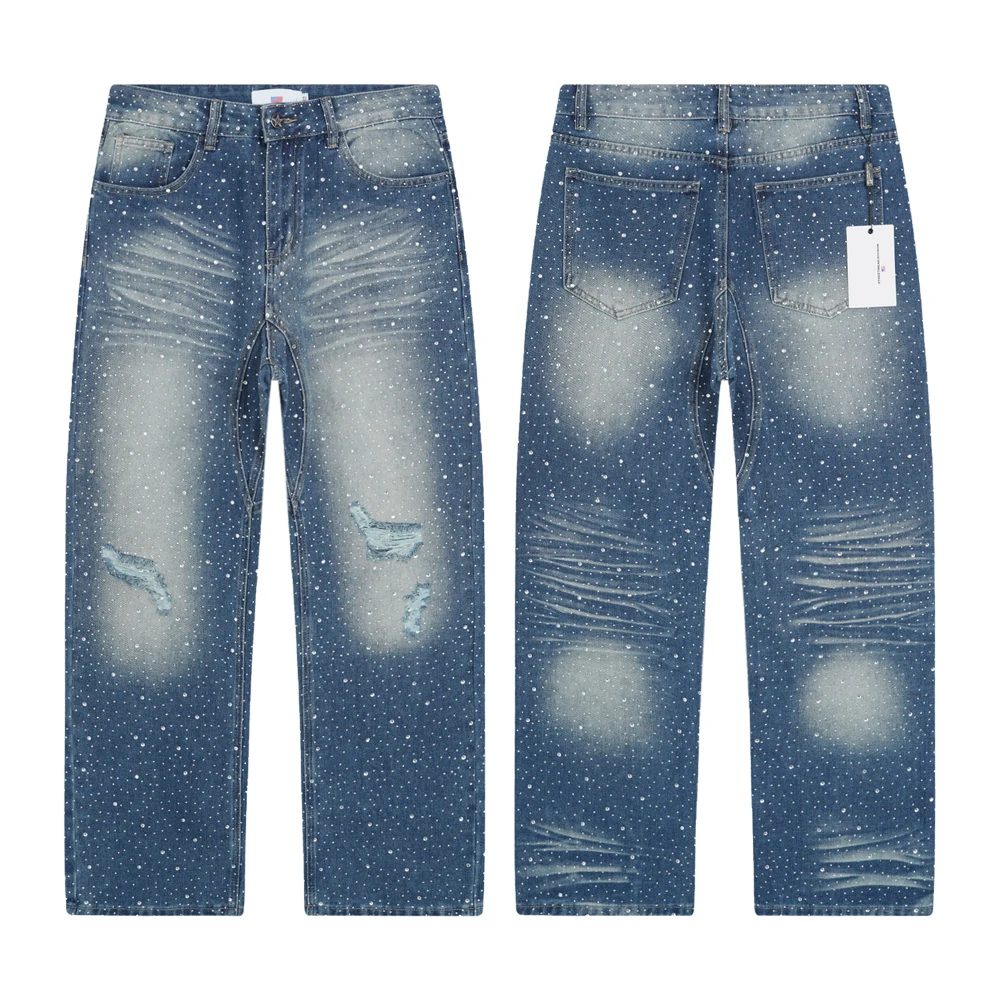جديد الدينيم فضفاض ممزق الجينز مع أحجار الراين ريترو خمر شارع العليا نمط الهيب هوب مستقيم بنطلون الشارع الشهير الجينز للرجال