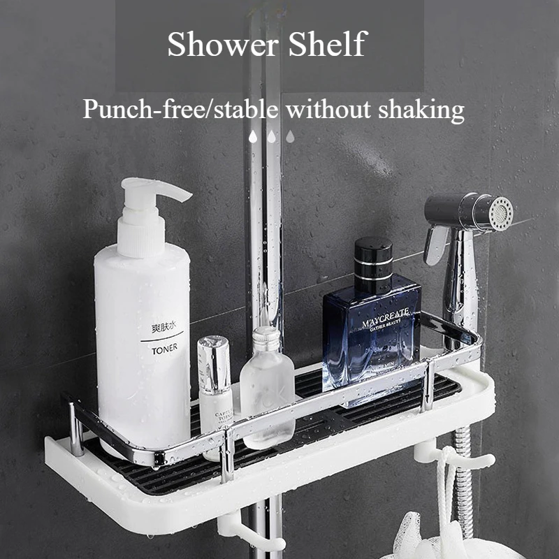 Shower Storage Holder Bathroom Shelf Pole Shelves Shampoo Tray Stand No Drilling Lifting Rod Shower Head Holder Rack Organizer