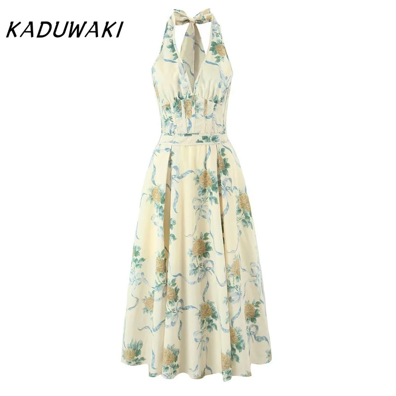 

KADUWAKI шикарное женское платье с цветочным принтом на талии и бретельками на талии, летнее женское элегантное длинное вечернее платье миди, праздничный халат