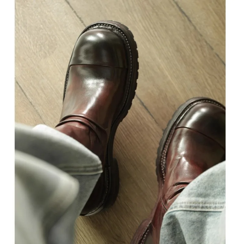 Męskie buty Chelsea w stylu retro z brytyjskiej skóry naturalnej, ręcznie robione, codzienne, motocyklowe, robocze, botki na grubej podeszwie, czarne, brązowe.