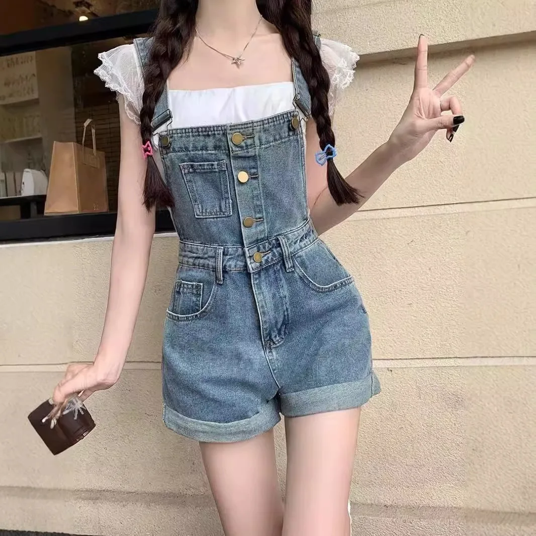 

Винтажные джинсовые комбинезоны с манжетами для женщин, комбинезон для похудения с высокой талией 2025 года, широкие комбинезоны, шорты
