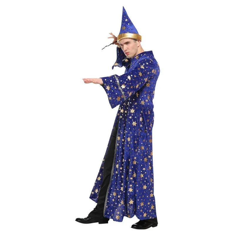 Halloween Men Blue Robe And Hat Star Moon Magic Magician Wizard Costume Cosplay Adult Role Playing Decoration Clothing