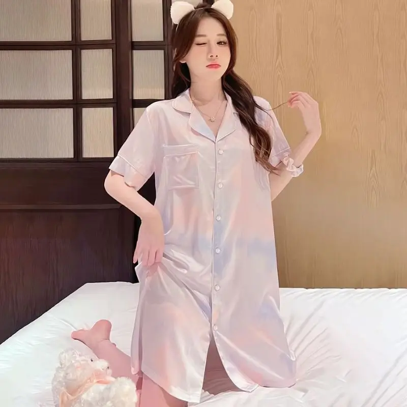 

Silk Nightgown for Women Long Summer Thin Short-sleeved Shirt Pajamas New Home Clothes Night Wear Woman Sexy Gifts Homewear Cute
