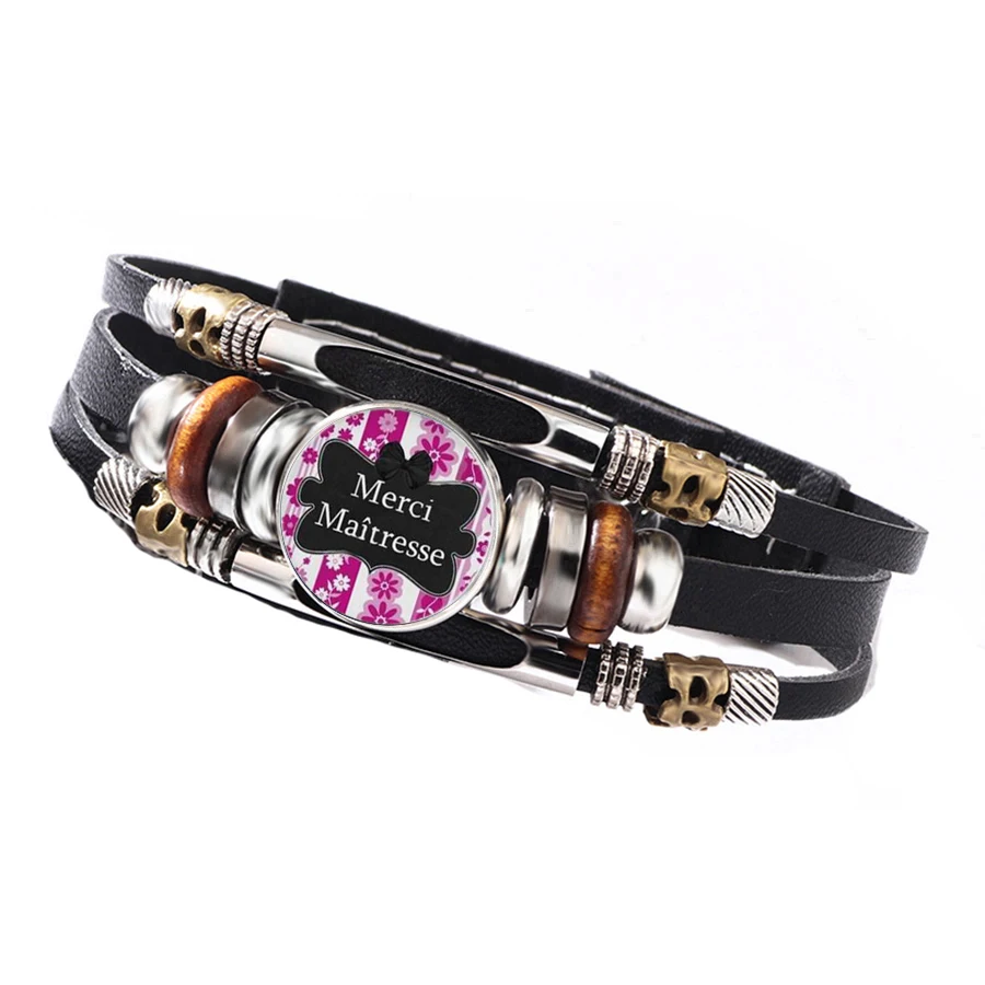 Retro Wooden Bead Leather Bracelet Classic Merci Maîtresse Text Pink Floral Dome Ornament Educator Thank You Wrist Gift