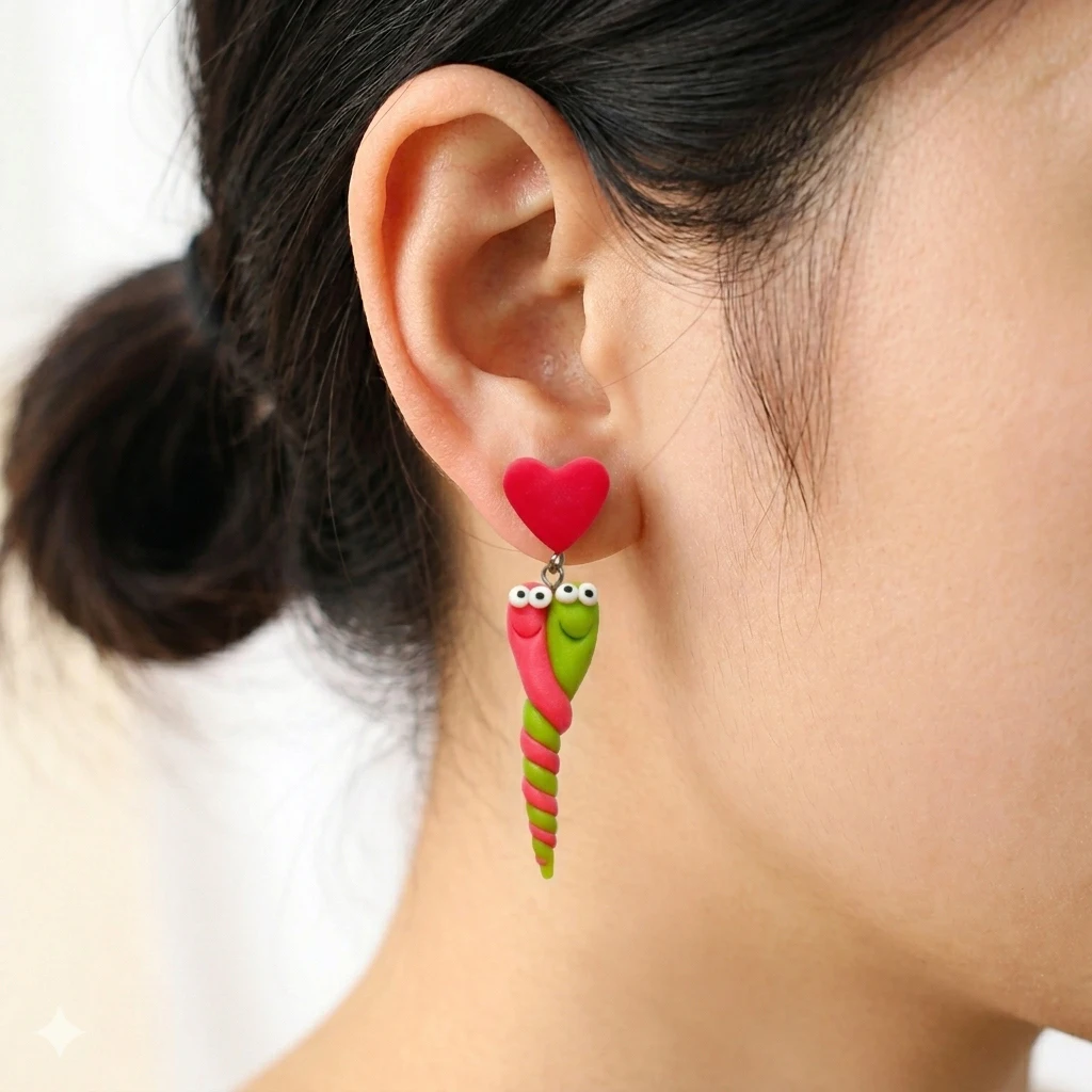 

Handmade 3D Red Snake Polymer Clay Stud Earrings For Women Heart Head Snake Front Back Ear Jackets Kawaii Animal Earrings
