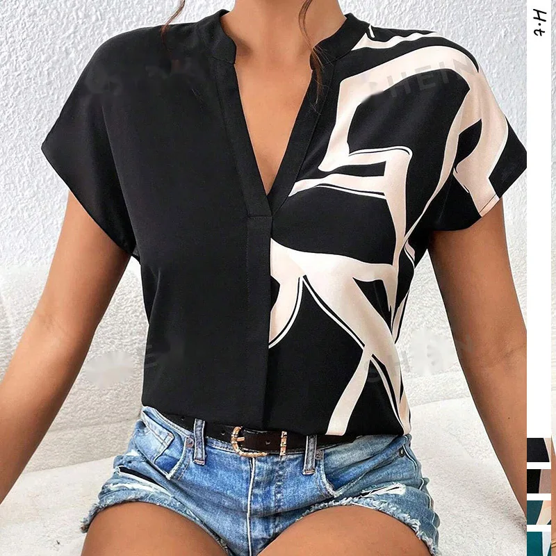 

Bat Sleeve V-Neck Asymmetrical Printed Short Sleeve Shirt Spring Summer Casual Top