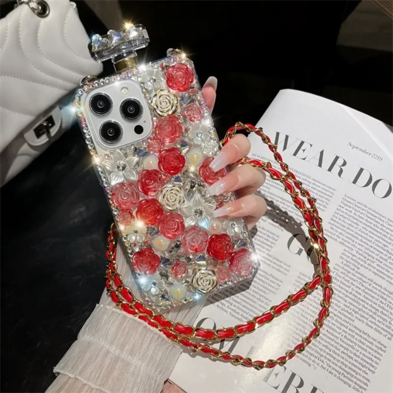 Luxo Bling Rose flores crossbody diamante tampa do telefone, caso para iPhone 15Pro, 14Plus, 13 Pro, 12 Mini, 11Pro Max, XS MAX, XR, 7, 8 Plus