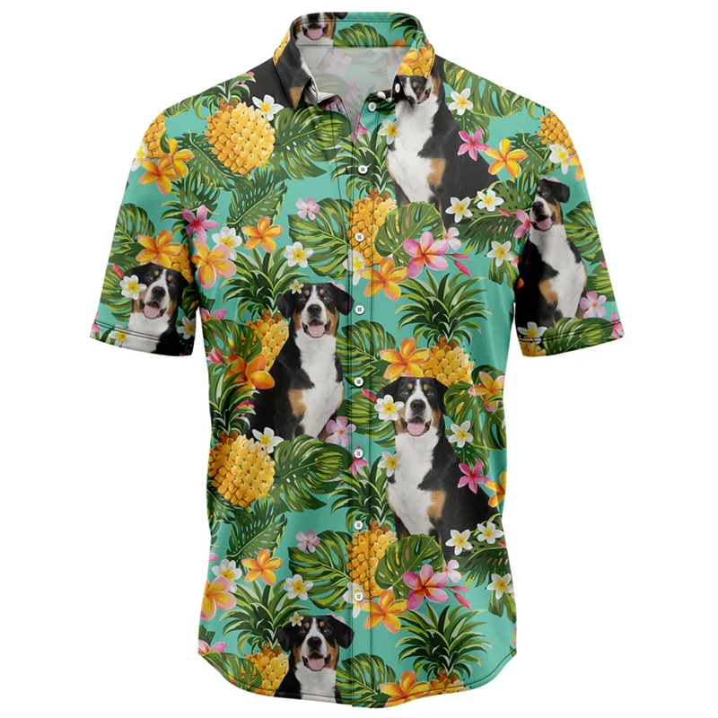 

Tropical Pineapple Dog Pattern Hawaiian Shirts Summer Casual Short Sleeve 3D Printed Blouse Loose Breathable Lapel Button Shirt