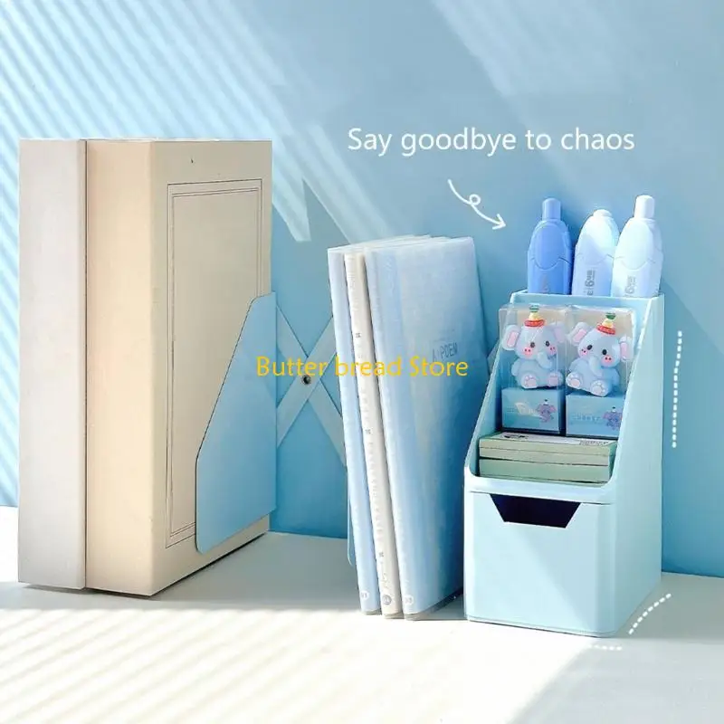 W89C Expandable Bookend with Pen Cup and Drawer Desk Book End Book Magazine Stand