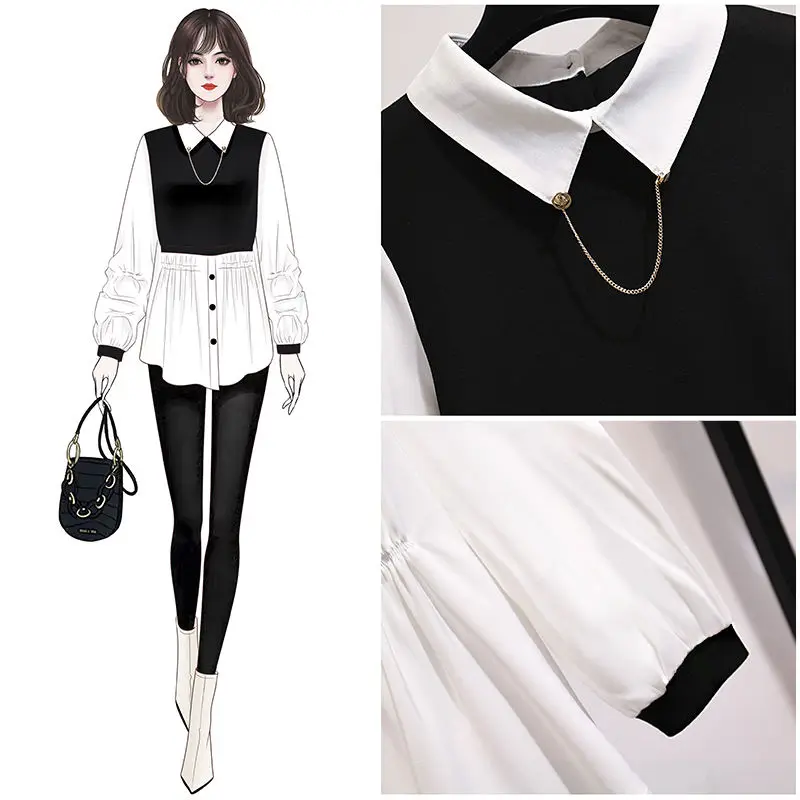 Retro Niche Fake Two-piece Spring and Autumn New Fashion Korean Version Plus Size Shirt Popular This Year Beautiful Little Shirt