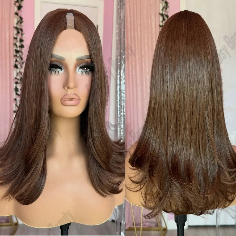 

Glueless Adjustable V Part Wig Remy Hair Wig Light Brown Silky Straight 180Density 1x4Size U Part Wig Human Hair for Black Women
