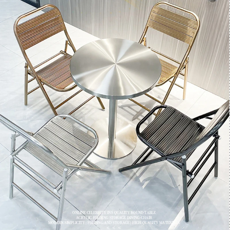 

Industrial Stainless Steel Dining Chairs, Foldable Back Stools, Reinforced Circular Table, Sturdy and Wear-Resistant Seating