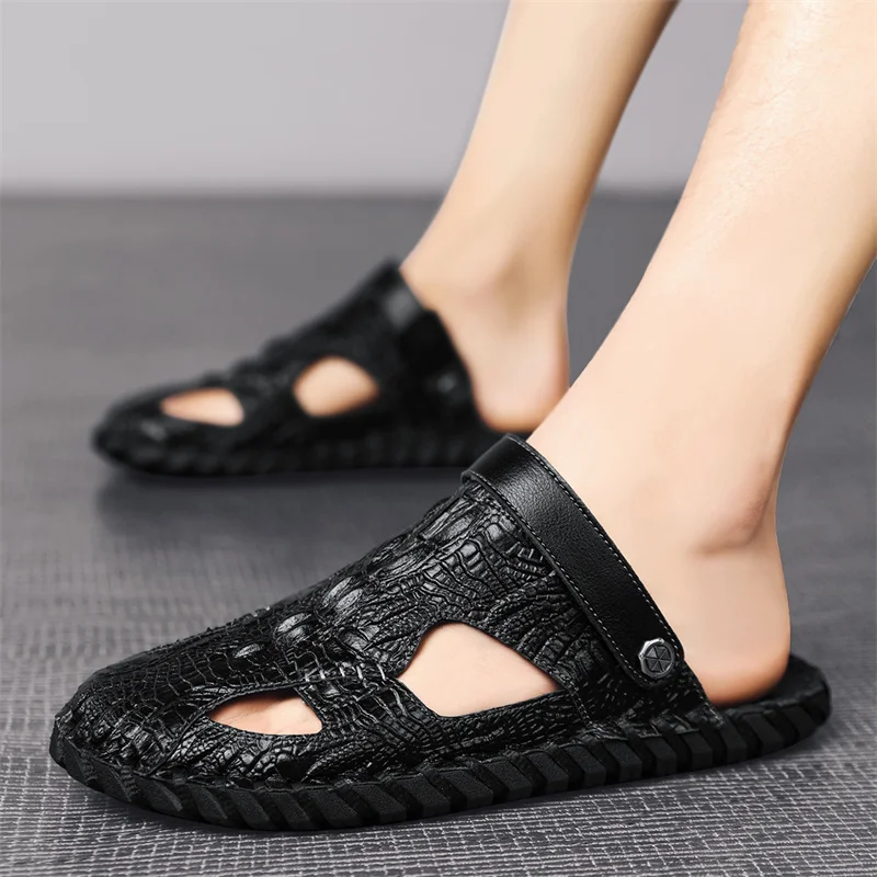 Sandalias Transpirables de Cuero Genuino, Diseño Artesanal Cosido a Mano, Zapatillas Ligeras y Cómodas de Doble Uso para Hombre