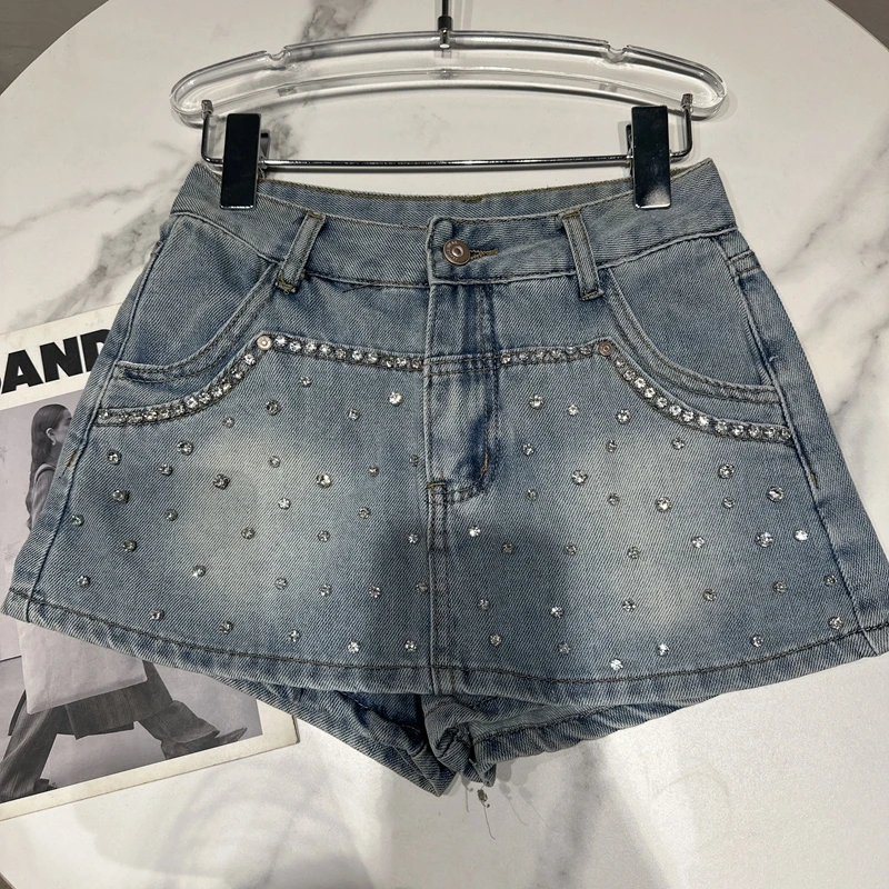 Women's Skirt 2023 Summer Clothes New Fashion Rhinestone Beaded Anti-Exposure Underpants Design Wash Denim Skirt Women