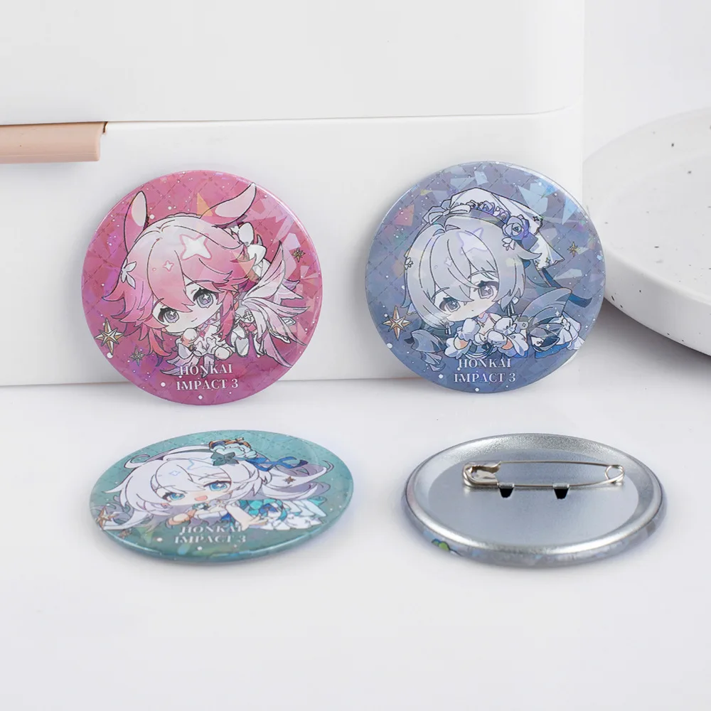 Honkai Impact 3 Anime Figures Elysia Bronya Kiana Cosplay Metal Laser Badge Raiden Mei Yae Sakura Character Cute Decor Pins Toy