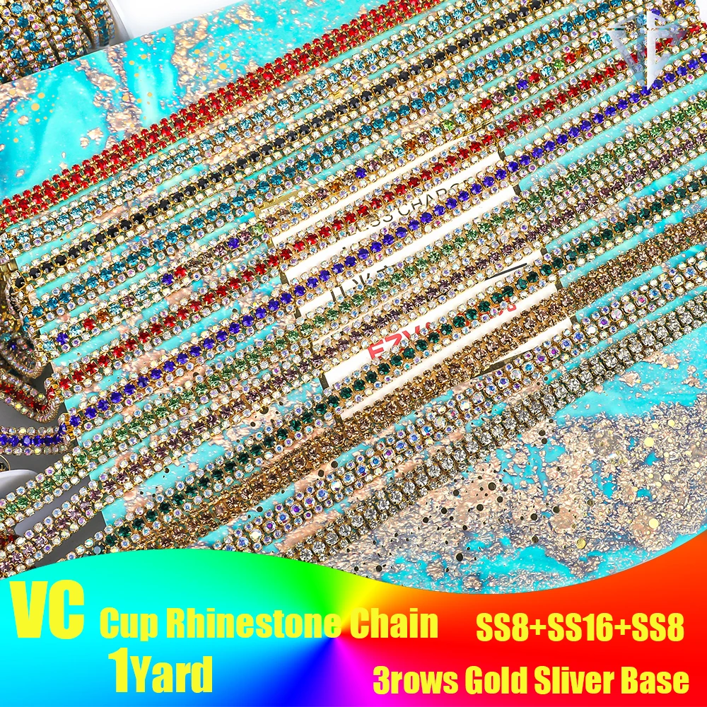 1yard 3Rows Sliver Claw Gold Base On Rhinestone Cup Chain Sew On Stone Glue-On Close Chains Glitter Trim For Garments