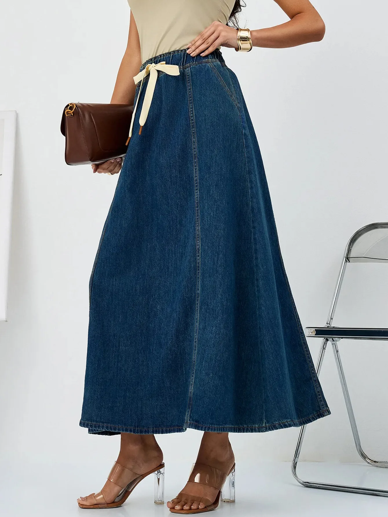 Harajuku Denim Skirt Y2k Aesthetic Elastic Drawstring High Waist A Line Flare Jean Skirt Ladies Vintage Skirts Streetwear view 4