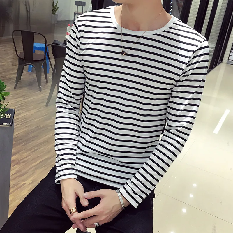 Striped T-shirt Men Long Sleeve Shirt Trendy Black White Striped Tops for Men Harajuku Casual Base Shirt Invisible Undershirt