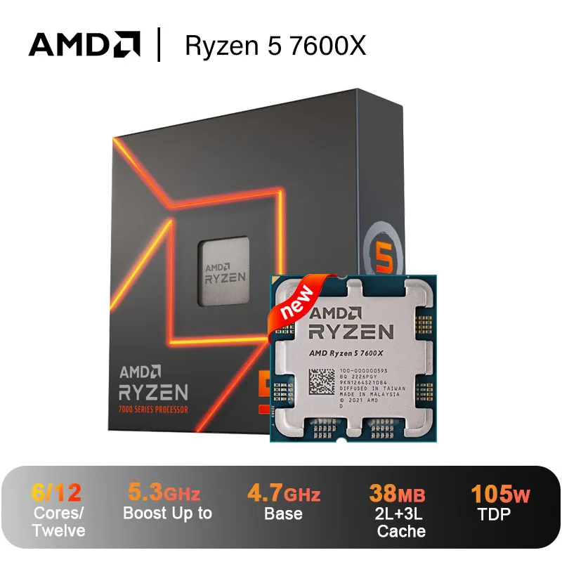 AMD Ryzen 5 7600X R5 7600X 4.7 GHz 6-Core 12-Thread CPU 5NM L3=32M