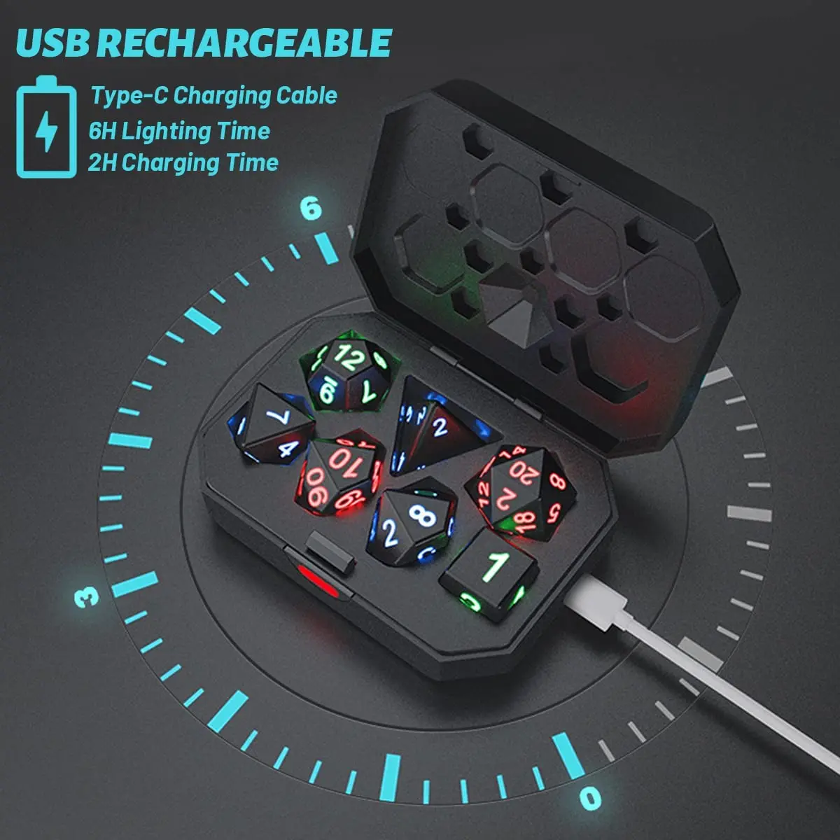 7Pcs Light Up DND ลูกเต๋ากล่องชาร์จ USB ชาร์จไฟฟ้าลูกเต๋า Shake Light LED ลูกเต๋าสำหรับเกม KTV บาร์ไนท์คลับ