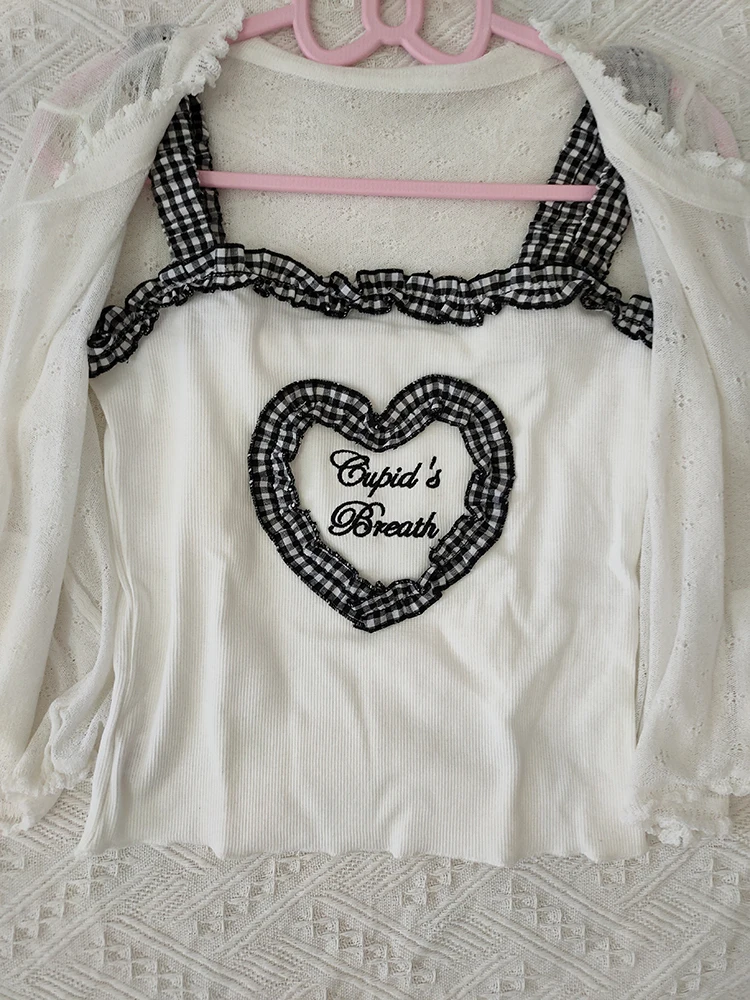 Cute 2 Piece Tops Women Cardigans and Crop Tops for Sweet Girls Cute Heart Shaped Tops Cat Cropped Kawaii Clothes