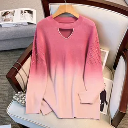 175Kg Plus Size Women's Bust 160 Spring Autumn Winter Loose Pullover Gradient Bead Sweater Knitted Red 5XL 6XL 7XL 8XL 9XL
